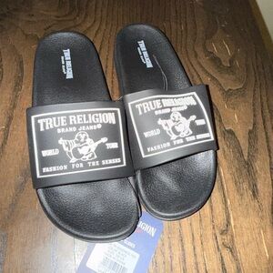 True Religion Black and White Logo Slide Sandals